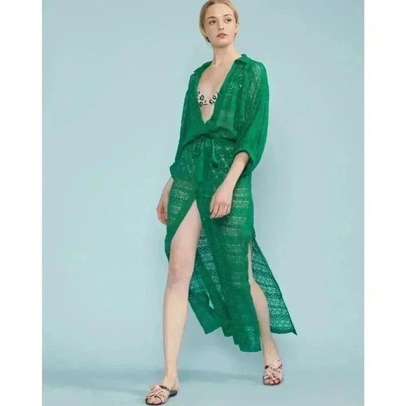 Beach Coverup Medium Lace Drawstring Kaftan Maxi Shirt Dress Swim $295 NWT Green - Picture 3 of 10